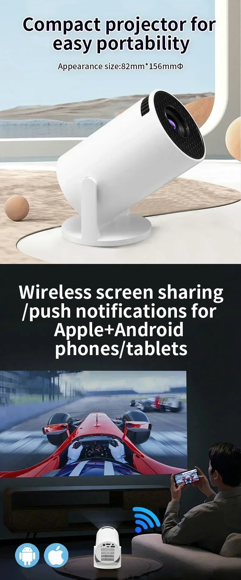 Projetor Portátil HY200 1080P com Ângulo Ajustável de 270° para Celular/Notebook/TV Box, com Entrada HDMI/USB e Alto-falante