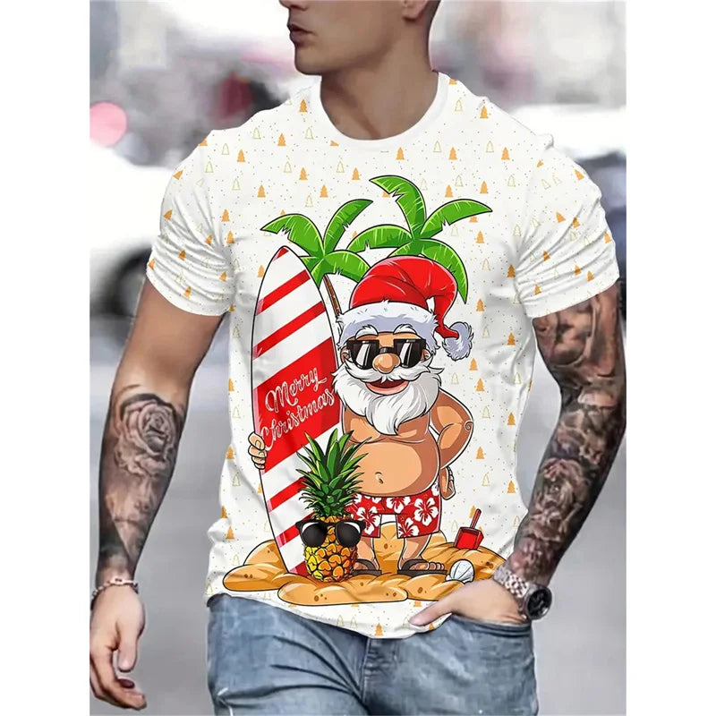 Camiseta Estampa de Árvore de Natal para Homens, Papai Noel Divertido, Camiseta 3D Estampada, Verão, Casual, Manga Curta, Gola O, Camiseta Unissex