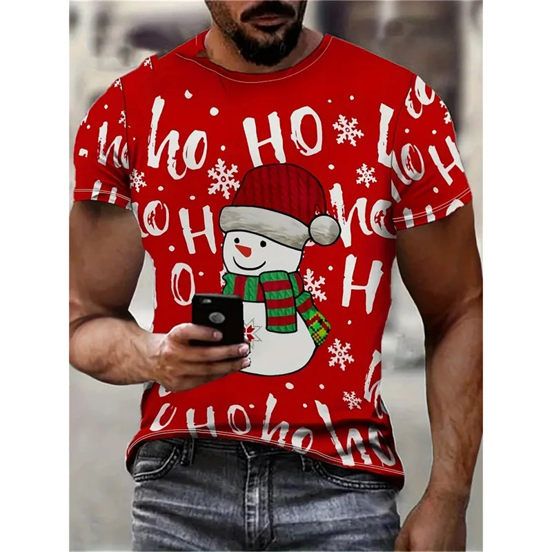 Camiseta Estampa de Árvore de Natal para Homens, Papai Noel Divertido, Camiseta 3D Estampada, Verão, Casual, Manga Curta, Gola O, Camiseta Unissex