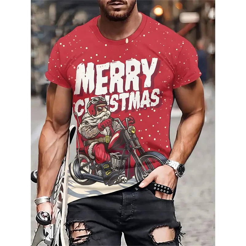 Camiseta Estampa de Árvore de Natal para Homens, Papai Noel Divertido, Camiseta 3D Estampada, Verão, Casual, Manga Curta, Gola O, Camiseta Unissex