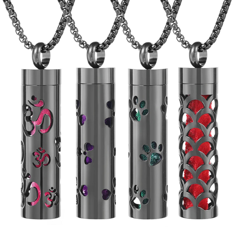 Colar Difusor de Aromaterapia em Aço Inoxidável Preto, Pingente em Espiral Aberto para Óleos Essenciais, Perfume, Medalhão Personalizado