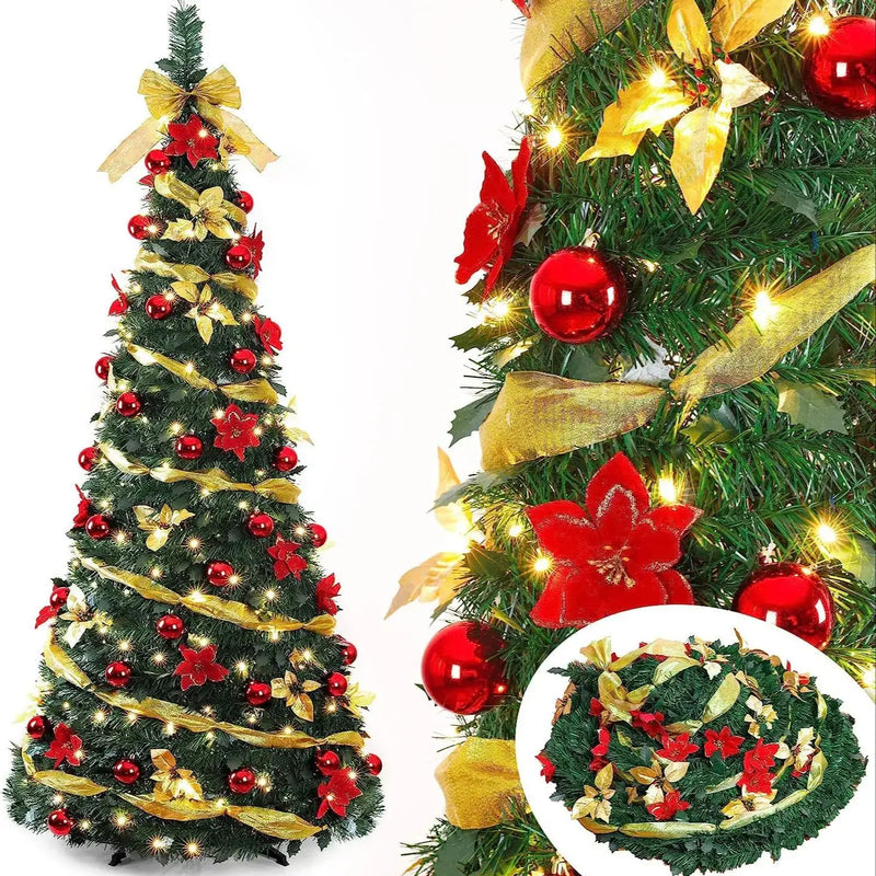 Árvore de Natal Pop-up de 120cm/4ft, árvore de Natal dobrável com luzes de LED e flores de Natal para decoração de casa