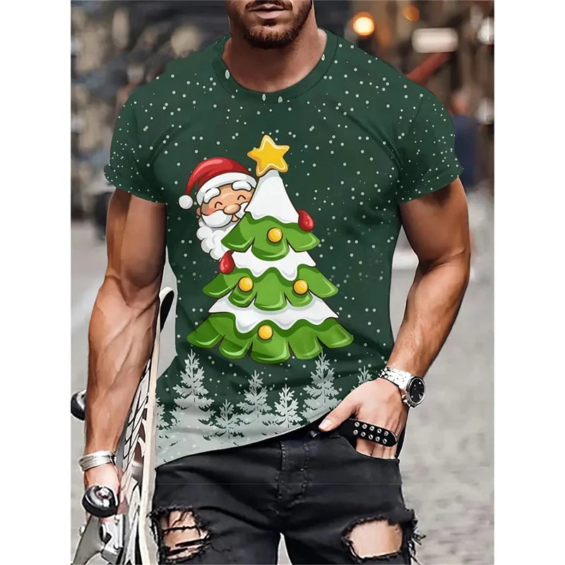 Camiseta Estampa de Árvore de Natal para Homens, Papai Noel Divertido, Camiseta 3D Estampada, Verão, Casual, Manga Curta, Gola O, Camiseta Unissex