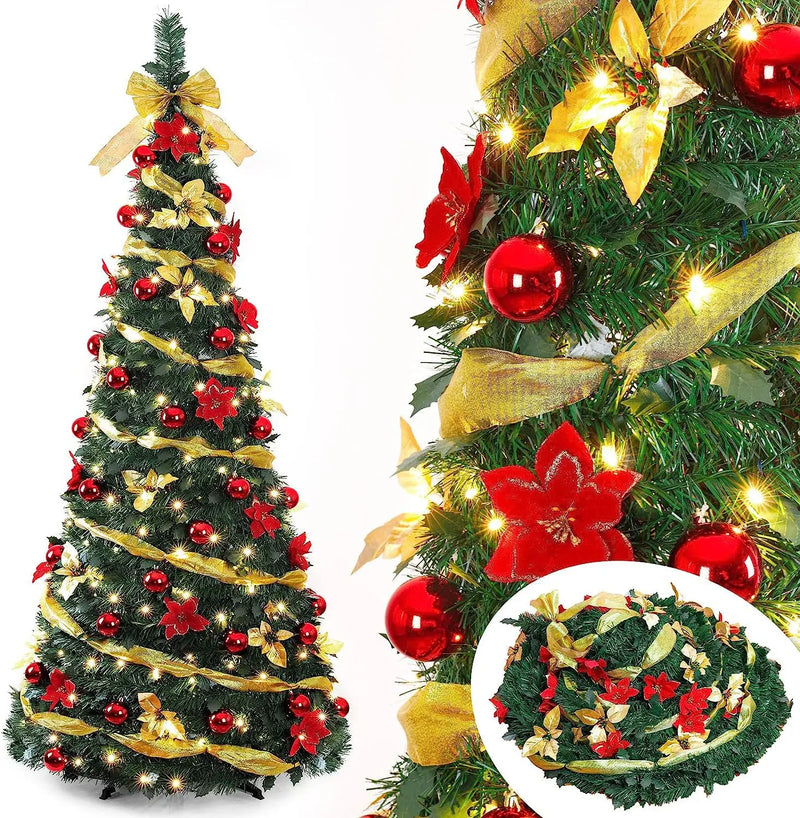 Árvore de Natal Pop-up de 120cm/4ft, árvore de Natal dobrável com luzes de LED e flores de Natal para decoração de casa