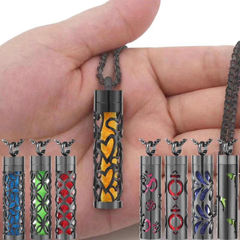 Colar Difusor de Aromaterapia em Aço Inoxidável Preto, Pingente em Espiral Aberto para Óleos Essenciais, Perfume, Medalhão Personalizado