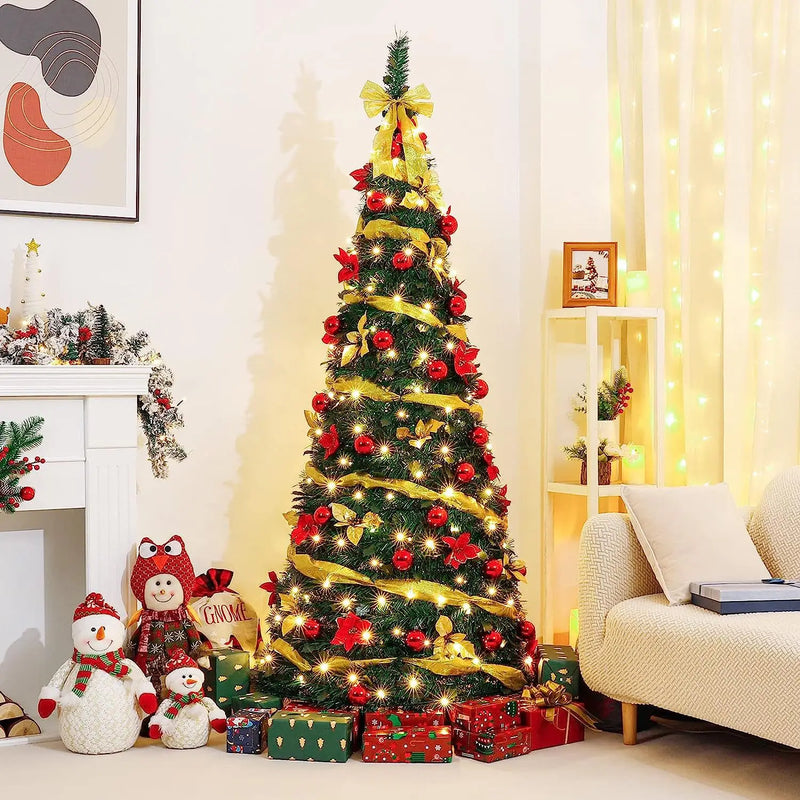 Árvore de Natal Pop-up de 120cm/4ft, árvore de Natal dobrável com luzes de LED e flores de Natal para decoração de casa