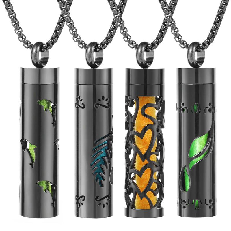 Colar Difusor de Aromaterapia em Aço Inoxidável Preto, Pingente em Espiral Aberto para Óleos Essenciais, Perfume, Medalhão Personalizado