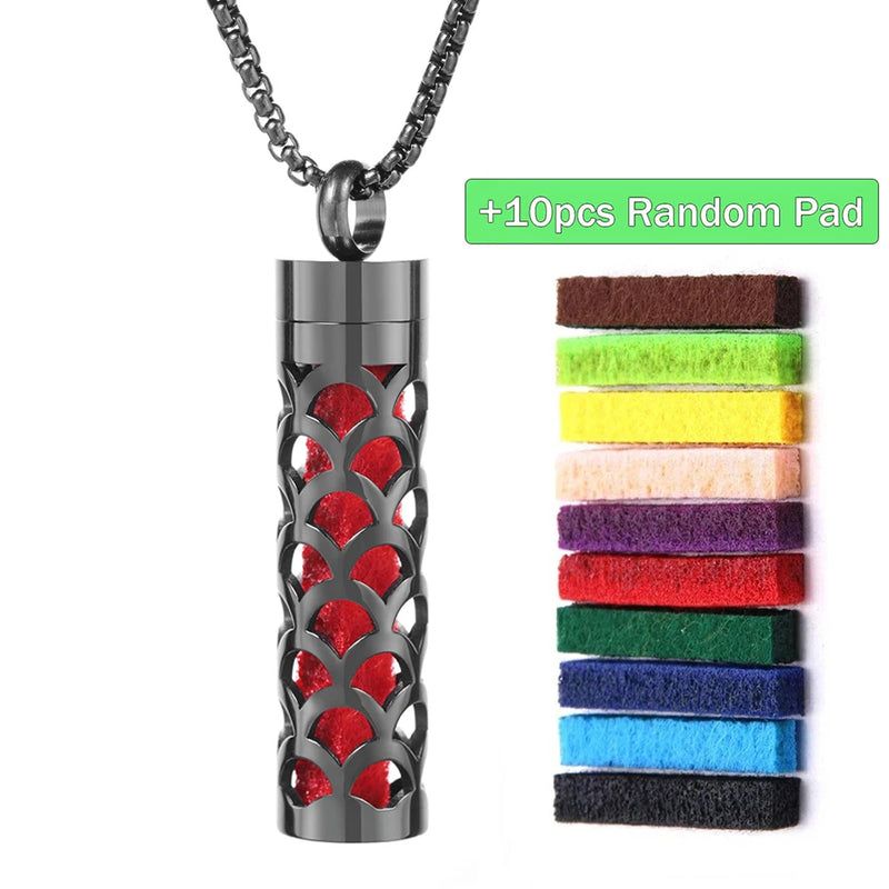 Colar Difusor de Aromaterapia em Aço Inoxidável Preto, Pingente em Espiral Aberto para Óleos Essenciais, Perfume, Medalhão Personalizado