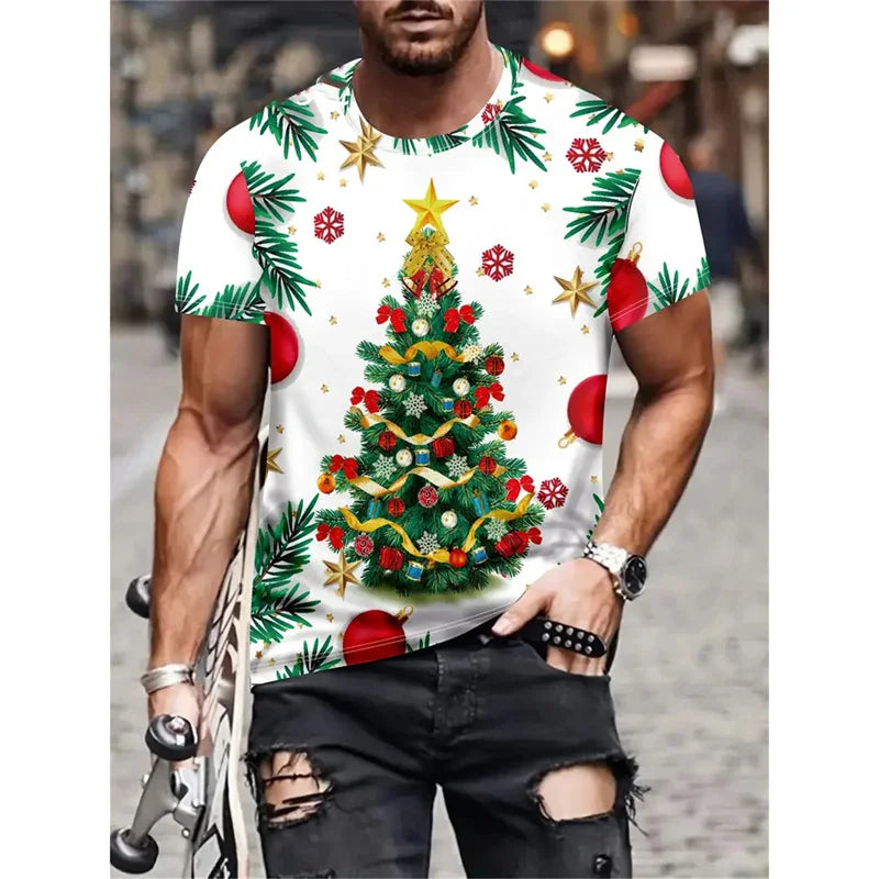 Camiseta Estampa de Árvore de Natal para Homens, Papai Noel Divertido, Camiseta 3D Estampada, Verão, Casual, Manga Curta, Gola O, Camiseta Unissex