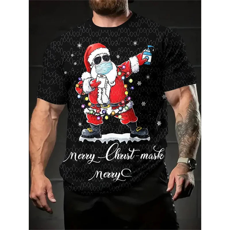 Camiseta Estampa de Árvore de Natal para Homens, Papai Noel Divertido, Camiseta 3D Estampada, Verão, Casual, Manga Curta, Gola O, Camiseta Unissex