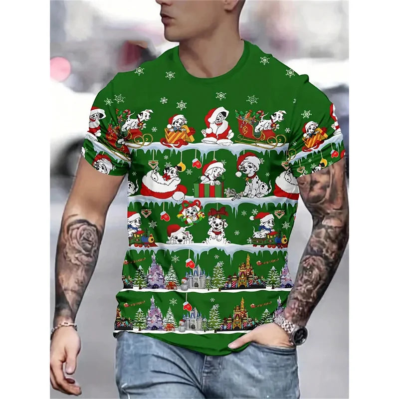 Camiseta Estampa de Árvore de Natal para Homens, Papai Noel Divertido, Camiseta 3D Estampada, Verão, Casual, Manga Curta, Gola O, Camiseta Unissex